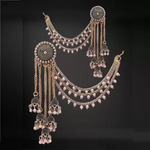 Gold Jhumka Earrings For Women Jhumka with Hair Chain Long Gold